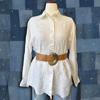 Vintage 90s Anne Klein II Ivory Embroidered Linen Button Up Blouse Size 12 L - Image 1 of 4