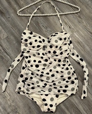 Traje de baño Jantzen blanco negro con correa halter de lunares control de barriga acanalado 1 pieza 6 Foto 1 de 4