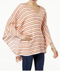 Michael Kors (MY8-50*) Embellished Striped Cotton Poncho Top Orange Sz S $140 - Picture 1 of 6