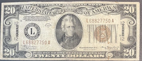 1934 A Twenty Dollar Silver Certificate HAWAII Note $20 Bill Circulated #59187 Cover