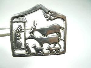 VINTAGE MIA MOTHERHOOD FEEDER NATIVITY SCENE PIN BROOCH 925 STERLING SILVER . - Picture 1 of 10