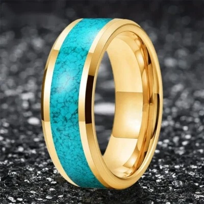 Anillo cómodo con incrustaciones de turquesa fragmentado anillo de carburo de tungsteno de 8 mm para hombres y mujeres Foto 1 de 4