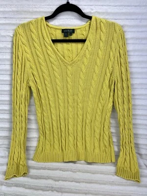 Suéter tejido con cable cuello en V Lauren Ralph Lauren para mujer talla L amarillo Sunburst Foto 1 de 4