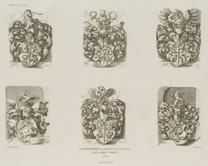 REYNARD (*1817) nach CAULO (19.Jhd), 6 versch. Wappenmotive nach SOLIS, Repro - Bild 1 von 4