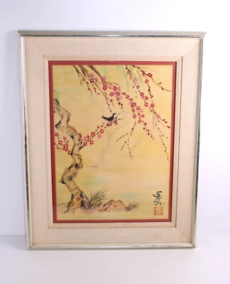 Vintage Chinese Plum Blossom Watercolor  Painting Signed - Image 1 of 4