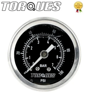 Torques Analog Fuel Pressure Gauge 1/8" NPT Black Back Fed 0-7 BAR/0-100 PSI - Picture 1 of 1