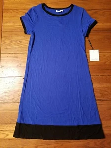NWT Womens Calvin Klein A Line Jersey Dress Short Sleeve Royal Blue Black 4 - Picture 1 of 12