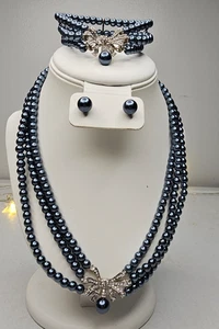Estate Style Triple Strand Faux Blue Pearl & Rhinestone 3 Piece Jewelry Set - Picture 1 of 5