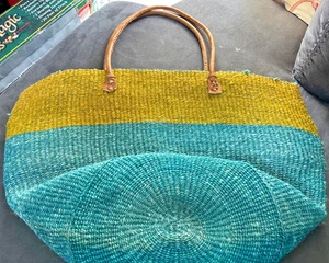 Borsa da mercato in rafia/iuta in sisal bicolore intrecciata con manici in pelle - Foto 1 di 8