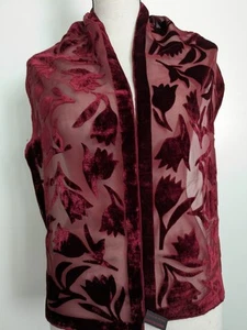 Vintage Burgundy Red Hand Rolled Tulips Velvet Silk Rayon Oblong Scarf 51x9" - Picture 1 of 12