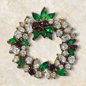 GHJ Gold Plated Sterling Silver Rhinestone Christmas Wreath Holiday Brooch Pin - Picture 1 of 7