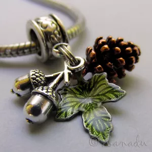 Autumn European Pendant Charm - Copper Pine Cone, Silver Acorn And Green Leaf - Picture 1 of 7