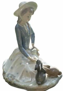 Rare Vintage Nau by Lladro, Girl Feeding Rabbits, Glossy Porcelain Figurine - Picture 1 of 24