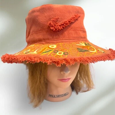 Sombrero Floppy Vintage Denim Boonie Retro Bordado Rojo Color Ladrillo Hecho a Mano Foto 1 de 4