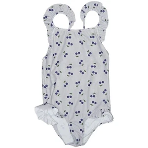 NEW! Bonpoint Girls Cecilia Striped Blue Cherry Ruffle Swimsuit Size 10 - Picture 1 of 4