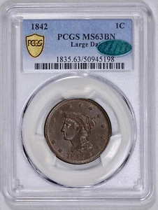 1842 Braided Hair 1c Large Cent PCGS MS 63 BN CAC Approved - Picture 1 of 5