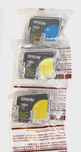 3 Genuine Sealed Epson TO42 Ink Cartridges 1 - Cyan & 2 Yellow - Picture 1 of 1