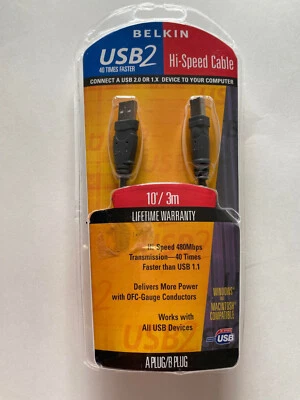 Belkin USB2 Hi-Speed Cable A PLUG / B PLUG 10 Feet / 3 Meters Connect A USB NEW - Image 1 of 4