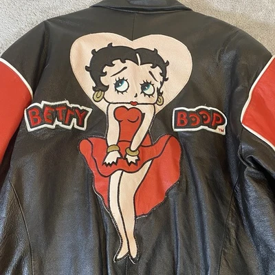 Chaqueta de bombardero de cuero Betty Boop vintage bordada dibujos animados por Excelled L Foto 1 de 4