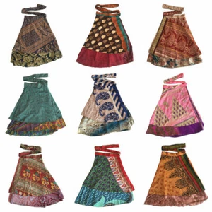 5 Pc Lot Indian vintage silk Mini wrap skirt women beach Bohemian skirts Hippie - Picture 1 of 5