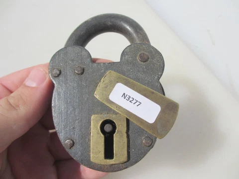 Large Victorian Iron Padlock Lock Brass Keyhole Old Antique Steel Vintage NO KEY Cover