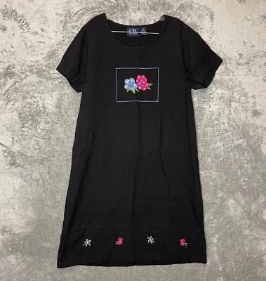 Vtg 90s Women Beach Resort Travel Embroidered Floral Midi Shift Dress XL Black - Image 1 of 4