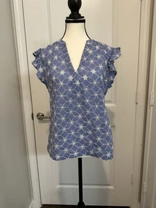 Sundance Embroidered Blue Flutter Sleeve Top XS 100% Cotton Eyelet India - Picture 1 of 5