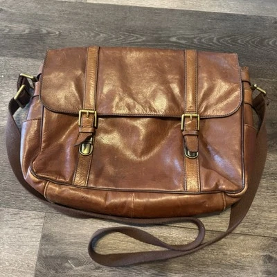 Fossil Messenger Bag Brown Leather Crossbody Adjustable Strap - Image 1 of 4