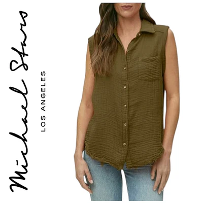 Michael Stars Monique Sz S Olive Sleeveless Double Gauze Button Front Top Blouse - Image 1 of 4