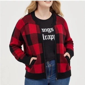 Torrid Red Buffalo Plaid Cardigan Zip Up Bomber Sweater size 18/20 - Picture 1 of 11