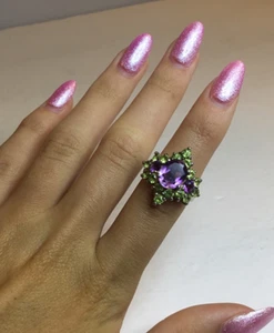 Vintage Sterling with 3 Amethysts surrounded by 16 Peridots Ring Size 5.5 - Picture 1 of 6