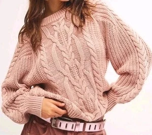 Free People Frankie Cable Knit Sweater Jumper Small Pink Chunky Misty Rose - Picture 1 of 9