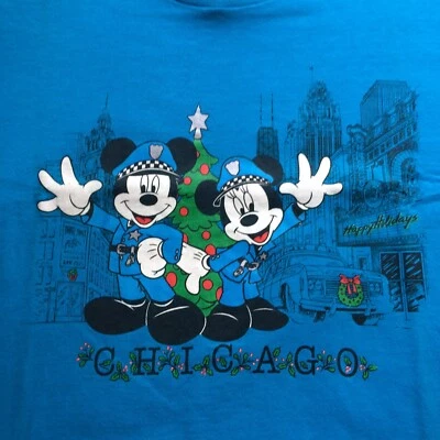 Винтажная рождественская футболка 1990-х Mickey & Minnie Mouse полиция Чикаго размер XL - Изображение 1 из 4