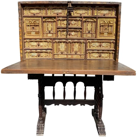 17th Century Spanish Vargueno with Decoupage Exterior on Baroque Style Base Cover