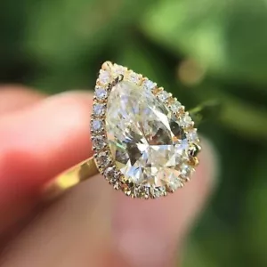 3.00CT Pear Cut Lab Created Diamond Halo Engagement Ring 14k Yellow Gold Plated - Picture 1 of 8
