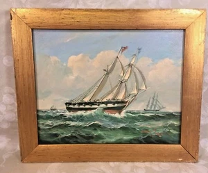 Pintura al óleo de Robert Sanders de dos mástiles buque de guerra británico lienzo marco de madera - Imagen 1 de 11