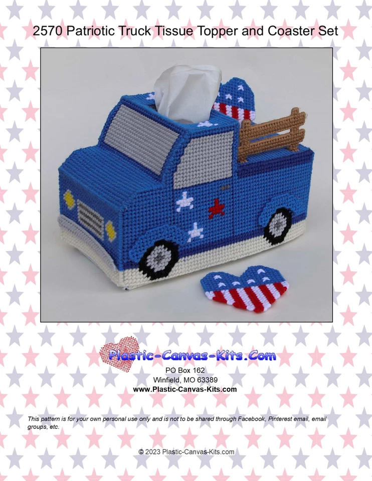 PLASTIC-CANVAS-KITS.COM Patriotic Truck Tissue Topper and Coaster Set- Plastic Canvas Pattern or Kit