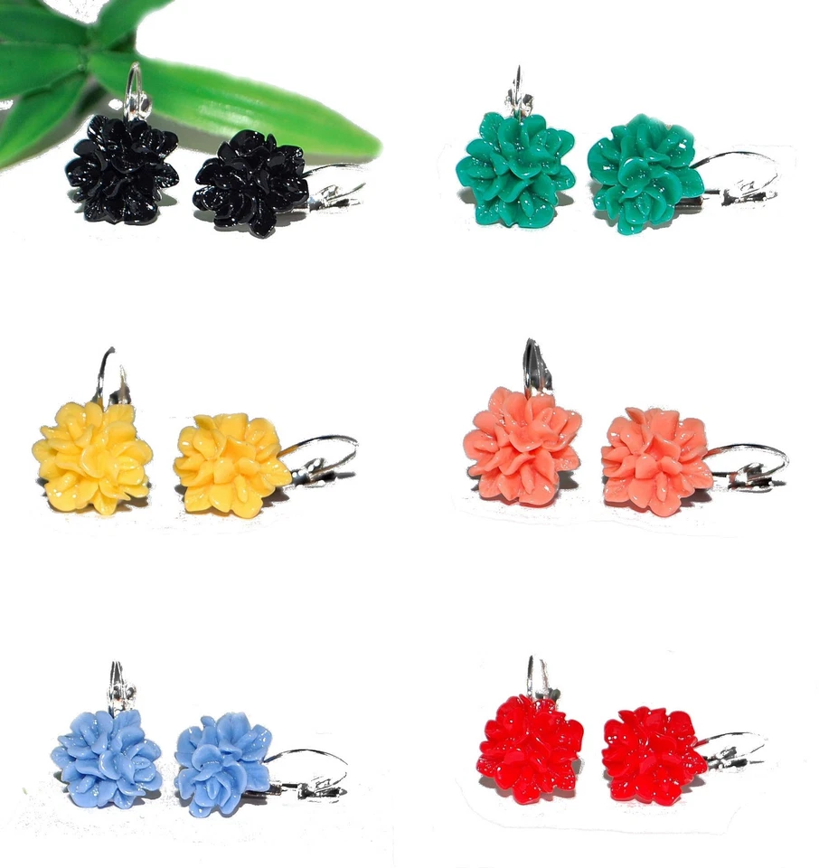 BLUMEN OHRHÄNGER +++ AUSWAHL +++ Blüte Ohrringe Cabochon silber Farben Paar - Bild 1 von 1