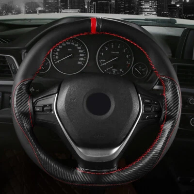 Cubierta de volante de auto de cuero de microfibra y fibra de carbono hágalo usted mismo para hombres mujeres de 15 pulgadas Foto 1 de 4