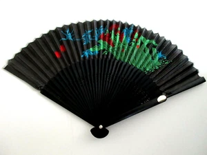 Black Japanese Art Print Folding Fan Fashion Decor Floral Flowers - Picture 1 of 6
