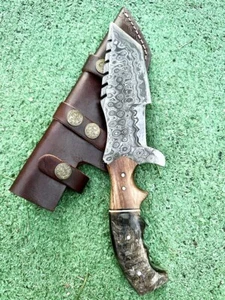 10”HUNTING FIXED BLADE DAMASCUS STEEL TANTO BLADE KNIFE TRACKER RAM HORN HANDLE - Picture 1 of 5