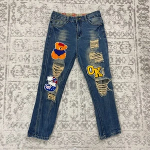 Cartoon Denim Jeans Boy Letter Printed Patch Distressed w/ Teddy Bear Size 10 - Picture 1 of 6