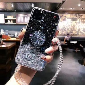 For iPhone 15 14 13 12 11 XS XR 6 7 8 Bling Glitter Phone Holder Case w/Lanyard - Picture 1 of 17