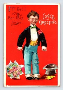 Postcard Valentine Funny Boy Suit Top Hat 1911 Posted Philadelphia Divided Back - Picture 1 of 2
