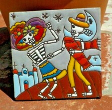 DAY OF THE DEAD COUPLE DANCING RED TILE 4 IN  4 IN TALAVERA MEXICO FREE SHIPPING