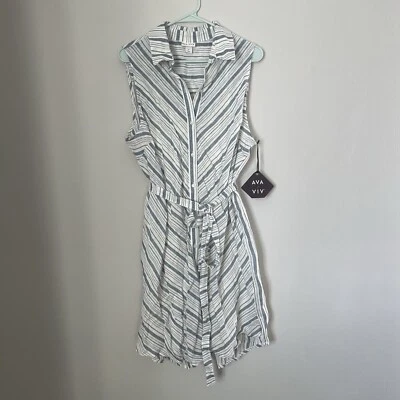 Vestido de lino a rayas Ava & Viv azul y blanco 1X XL NUEVO CON ETIQUETAS con cinturón y forrado Foto 1 de 4