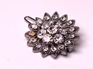Vintage Hair Pin Dresser Cubic Zirconia Crystal Silver Metal Flower Design - Picture 1 of 12