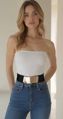 Donna Nero Elastico Giorno Notte Look Moda Cintura Oro Metallo Onda Fibbia S M - Immagine 1 di 4