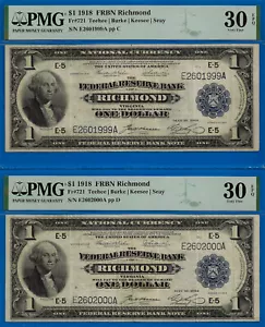 1918 $1 Federal Reserve Bank Note Richmond PMG 30EPQ crazy rare rollover pair - Picture 1 of 2