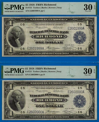 1918 $1 Federal Reserve Bank Note Richmond PMG 30EPQ - Crazy Rare Rollover Pair - Image 1 of 2